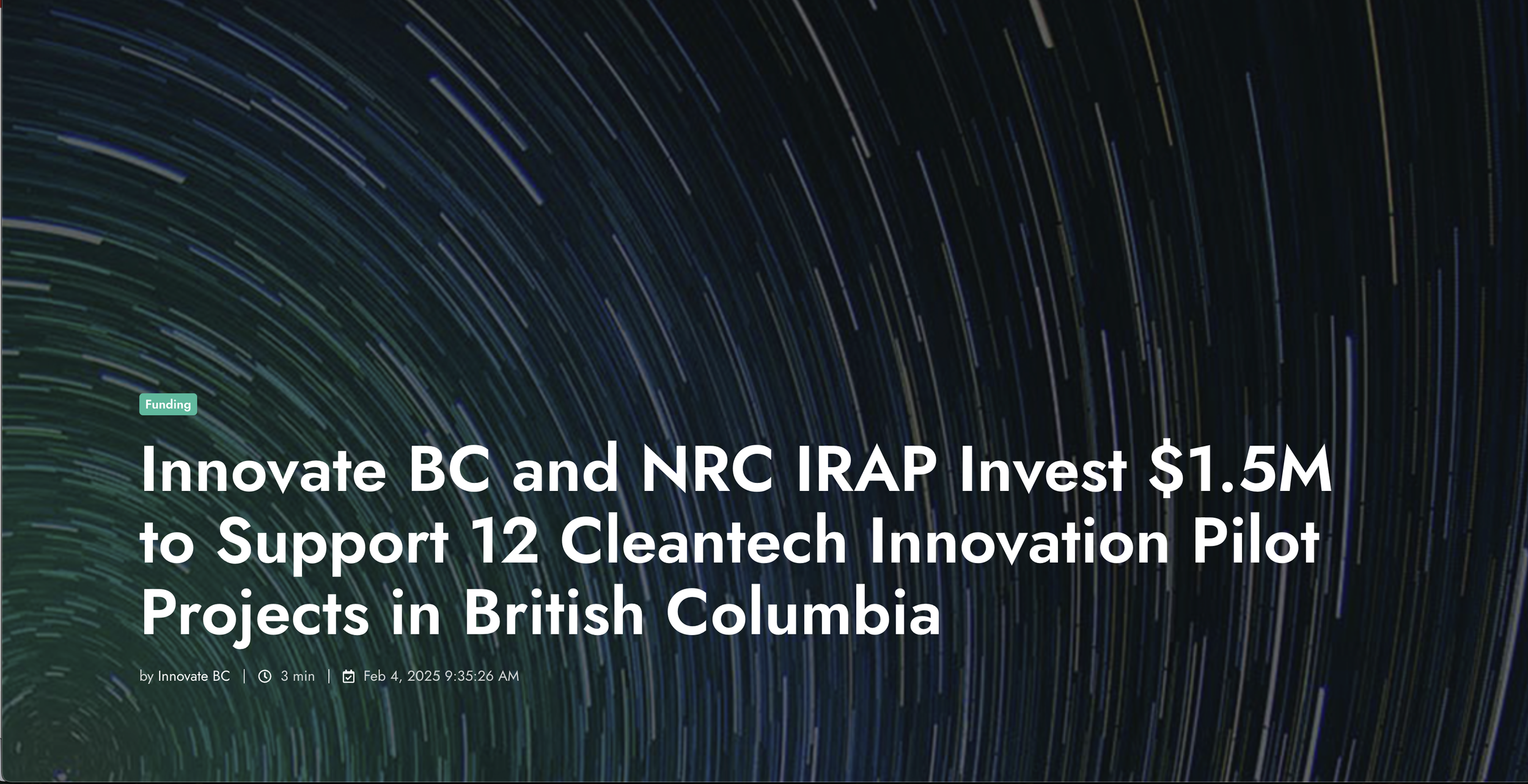 Innovate BC and NRC IRAP Invest $1.5M to Support 12 Cleantech Innovation Pilot Projects in British Columbia