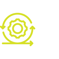 Icon with a gear surrounded by circular arrows, symbolizing process or cycle, in lime green color.