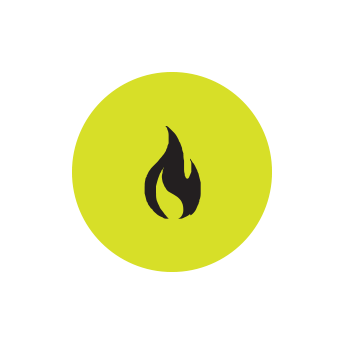 A black flame symbol inside a bright yellow-green circle on a black background.