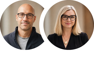 Side-by-side portraits of a man and a woman, both wearing glasses and smiling, indoors.