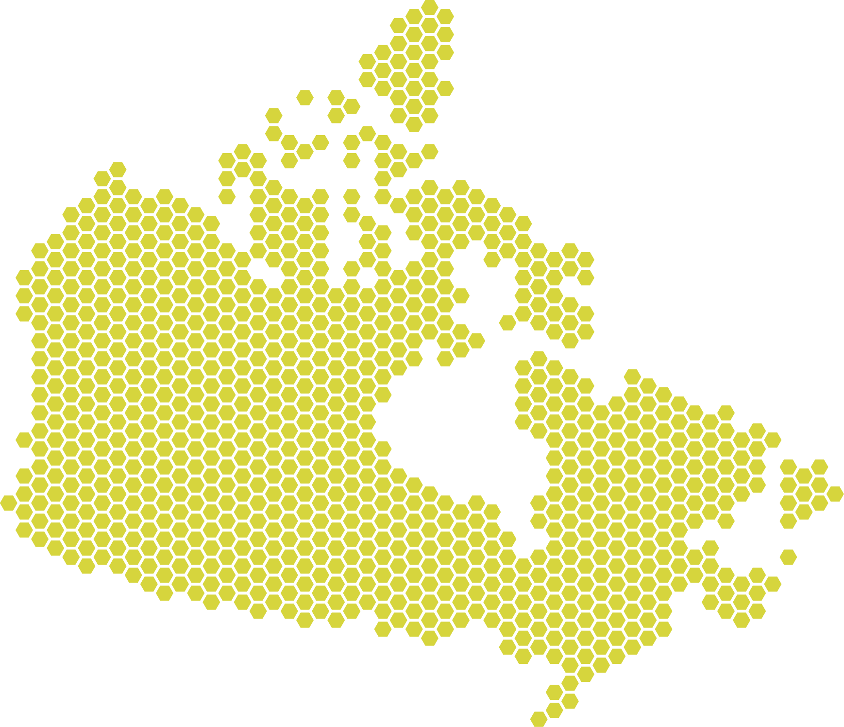 Map of Europe with countries outlined in black and filled with yellow hexagons.