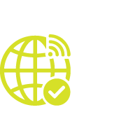 Icon of a globe with a checkmark in front, representing global verification or certification