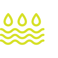 Icon of three green water drops above three wavy lines on a black background.
