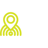 A stylized yellow location pin with concentric circles on a black background.