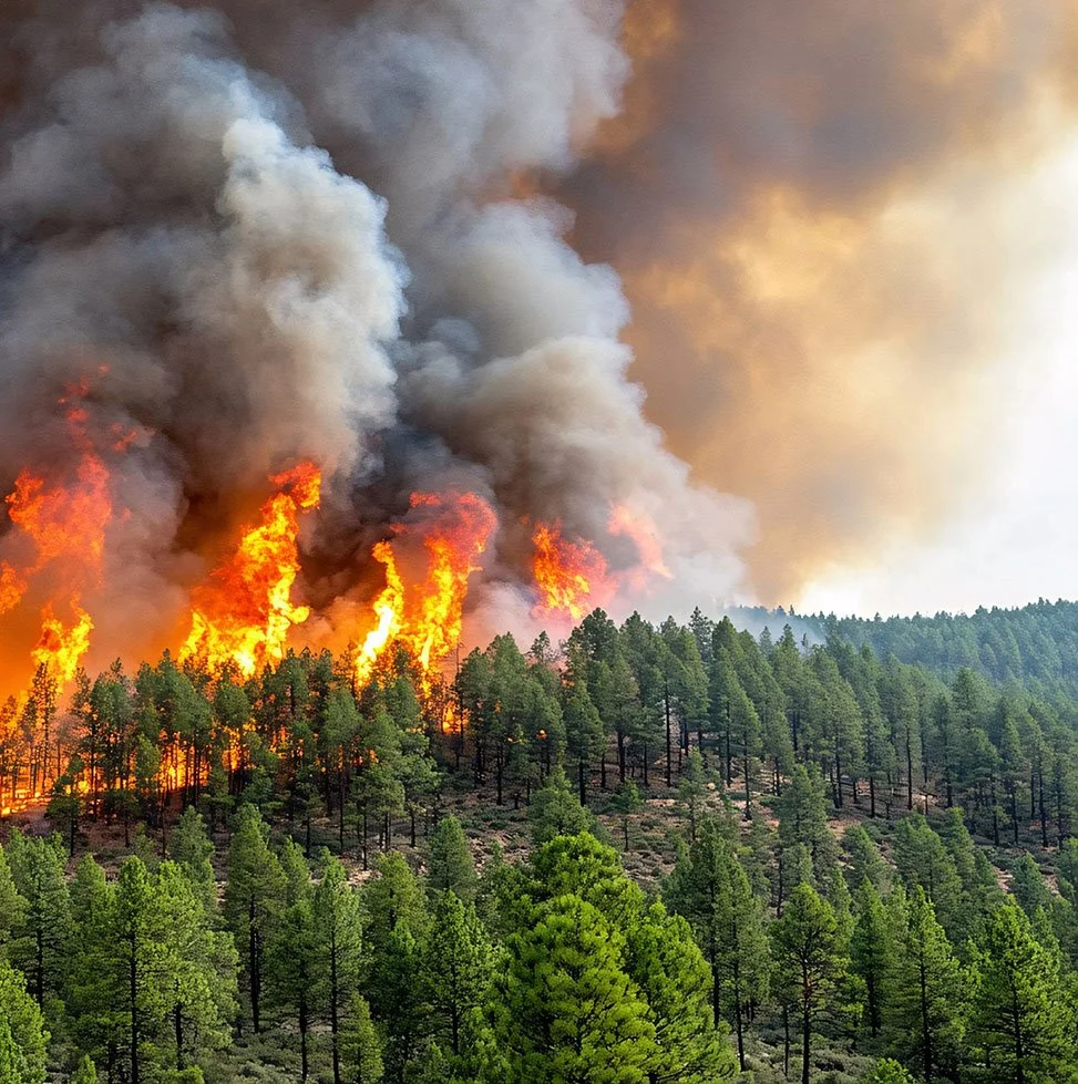 A wildfire burning on a forested hillside with large plumes of gray and orange smoke rising into the sky.