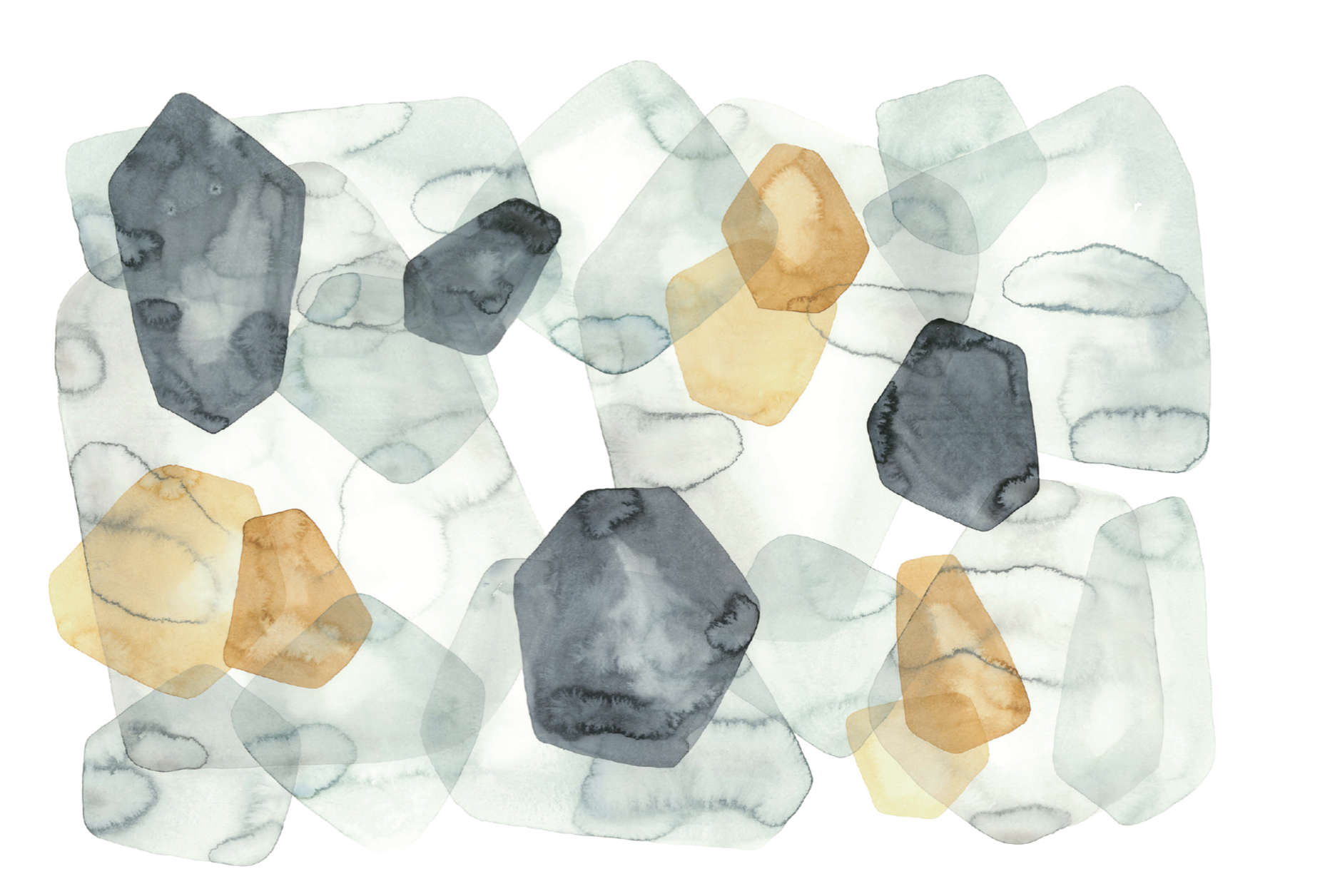 Abstract watercolor painting with overlapping irregular hexagons in shades of black, gray, pale green, and tan.