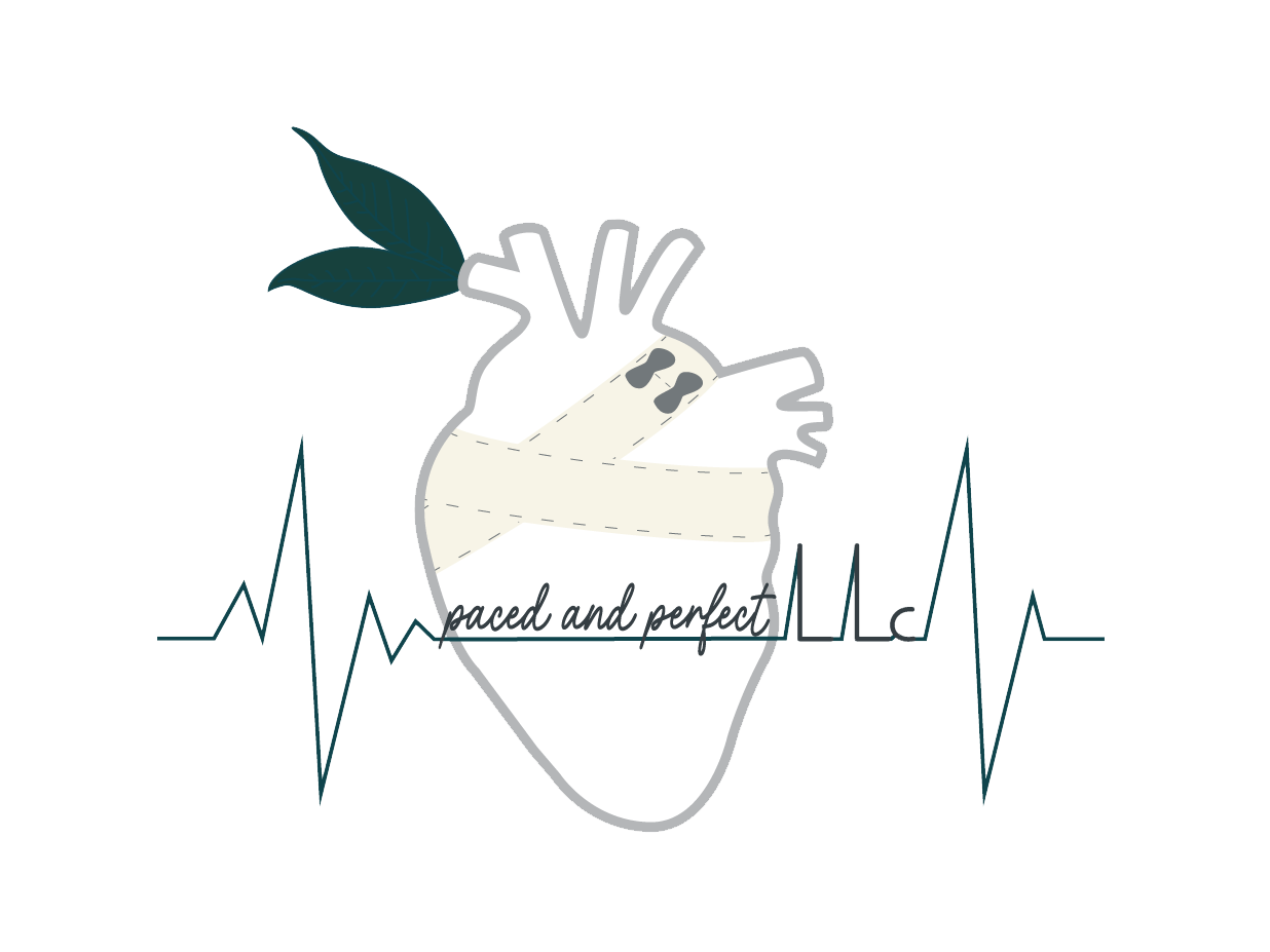 Illustration of a human heart with a green leaf attached, overlaid with a medical heartbeat line and the text 'paced and perfect'.