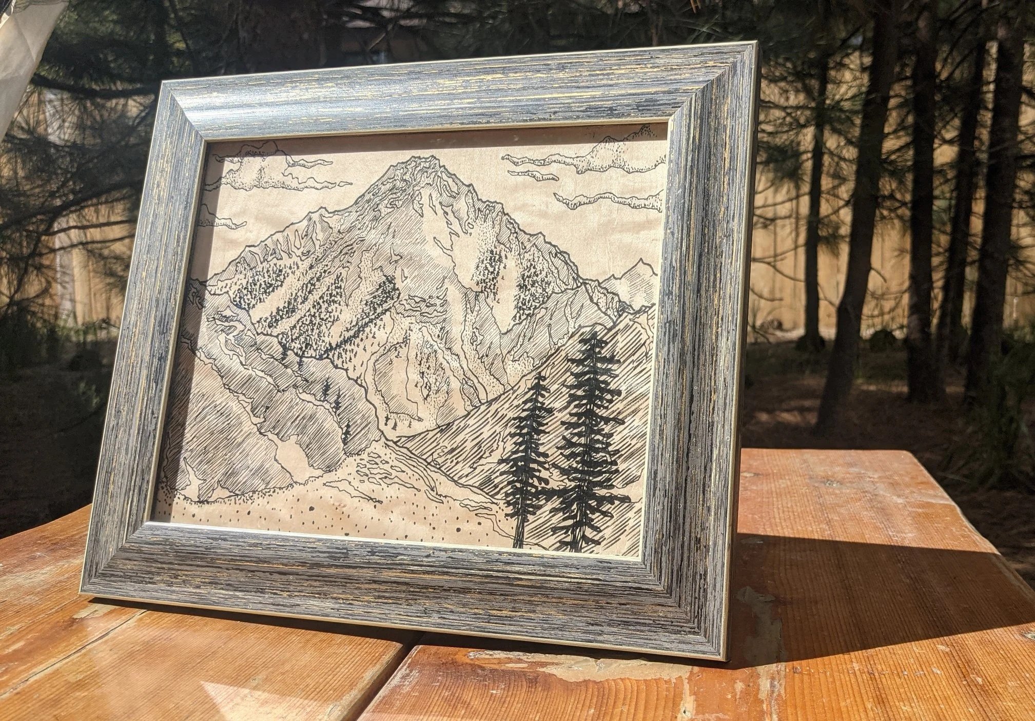 Independence Peak | 2022 | Ink on Wood Veneer | 7" x 5"