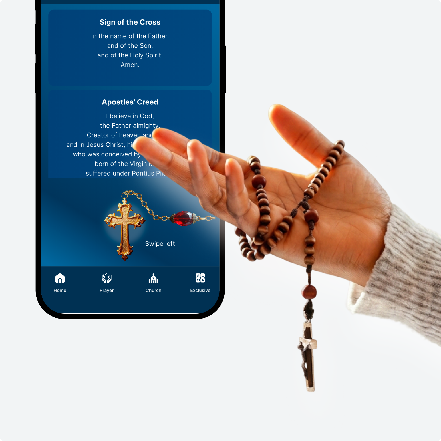 A person holding a rosary with a crucifix in front of a smartphone screen displaying a religious app with prayer and scripture sections.