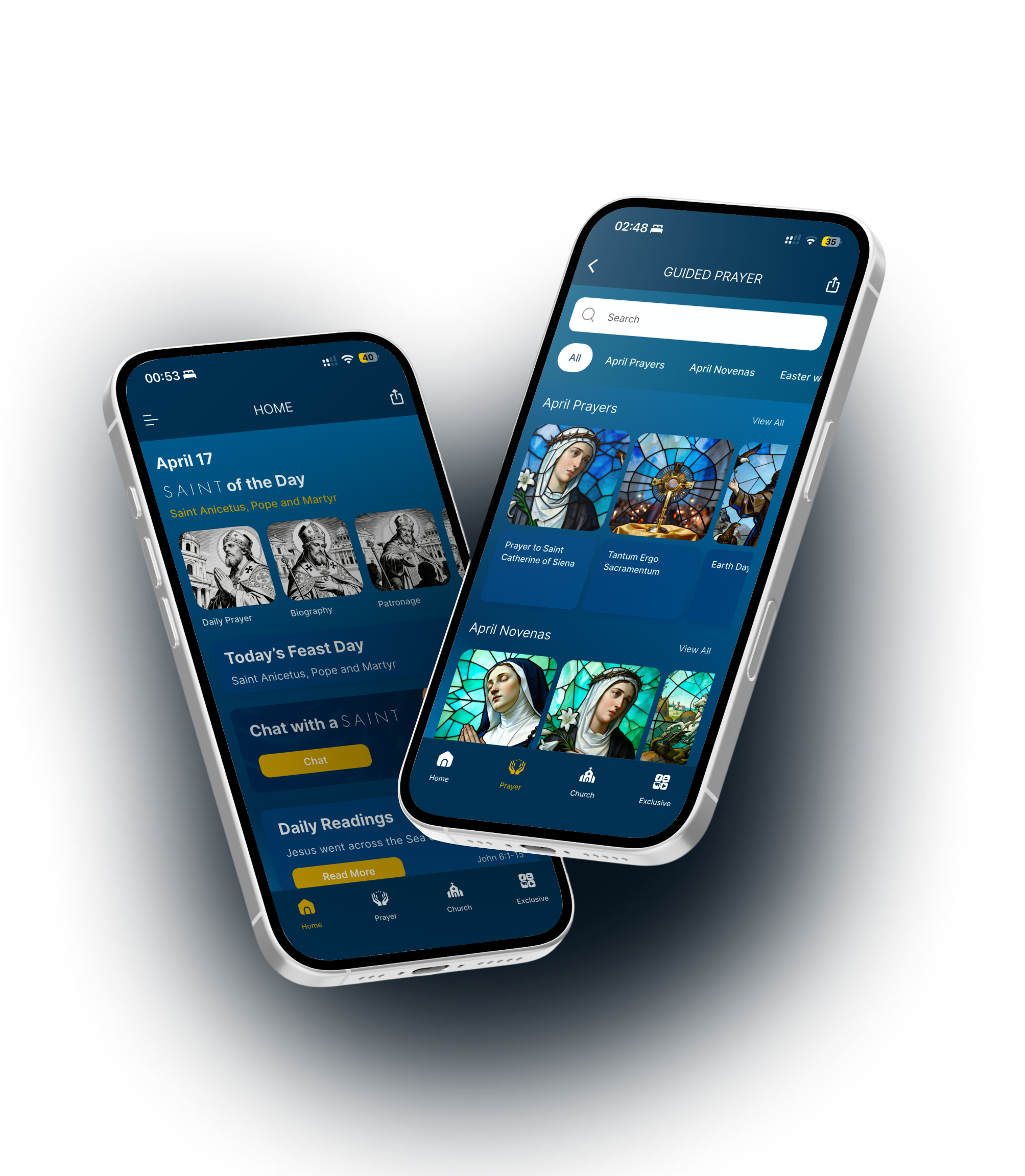 Screenshot of a mobile app focused on religious content, showing sections for daily prayers, saint of the day, and guided prayers, with icons and images of saints and religious symbols.