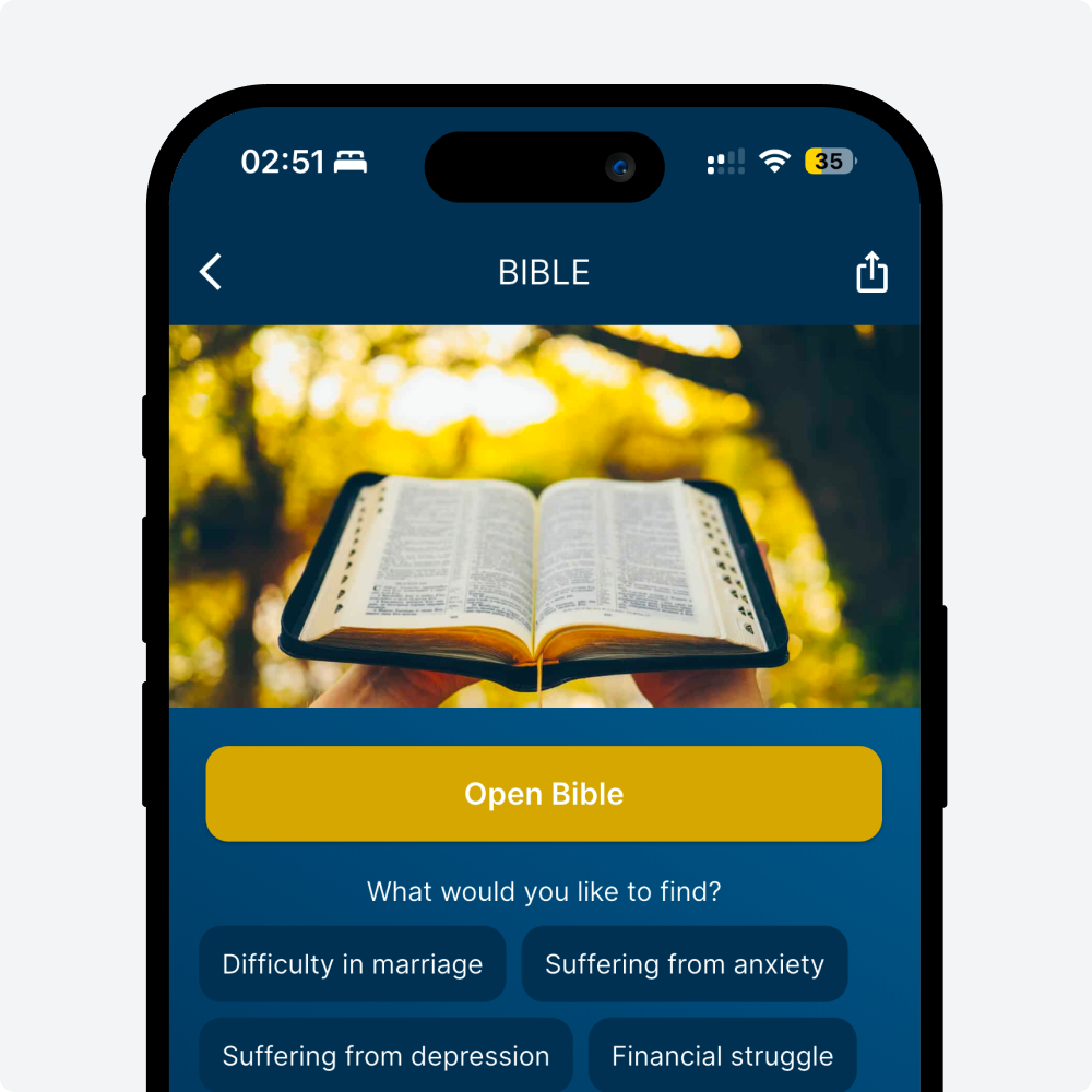 A mobile app screen showing a Bible study tool with an open Bible at the top and options for finding verses related to marriage, anxiety, depression, and financial struggles.