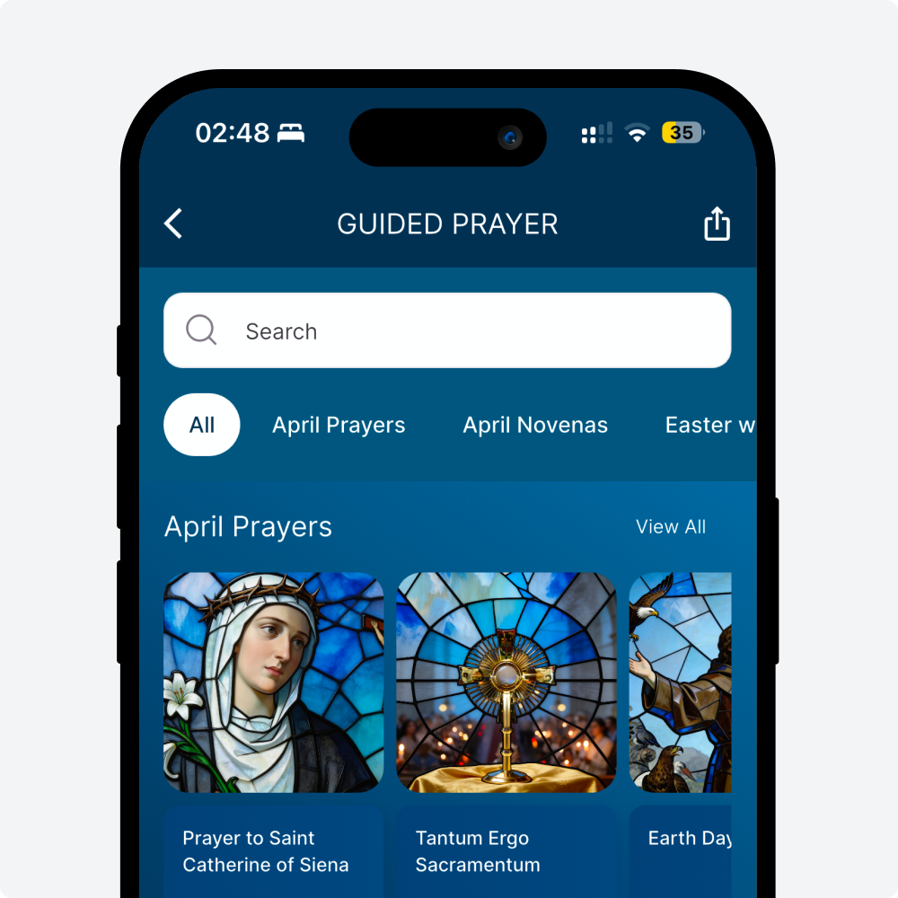 A smartphone screen displaying a guided prayer app with stained glass images and prayer titles under April Prayers.