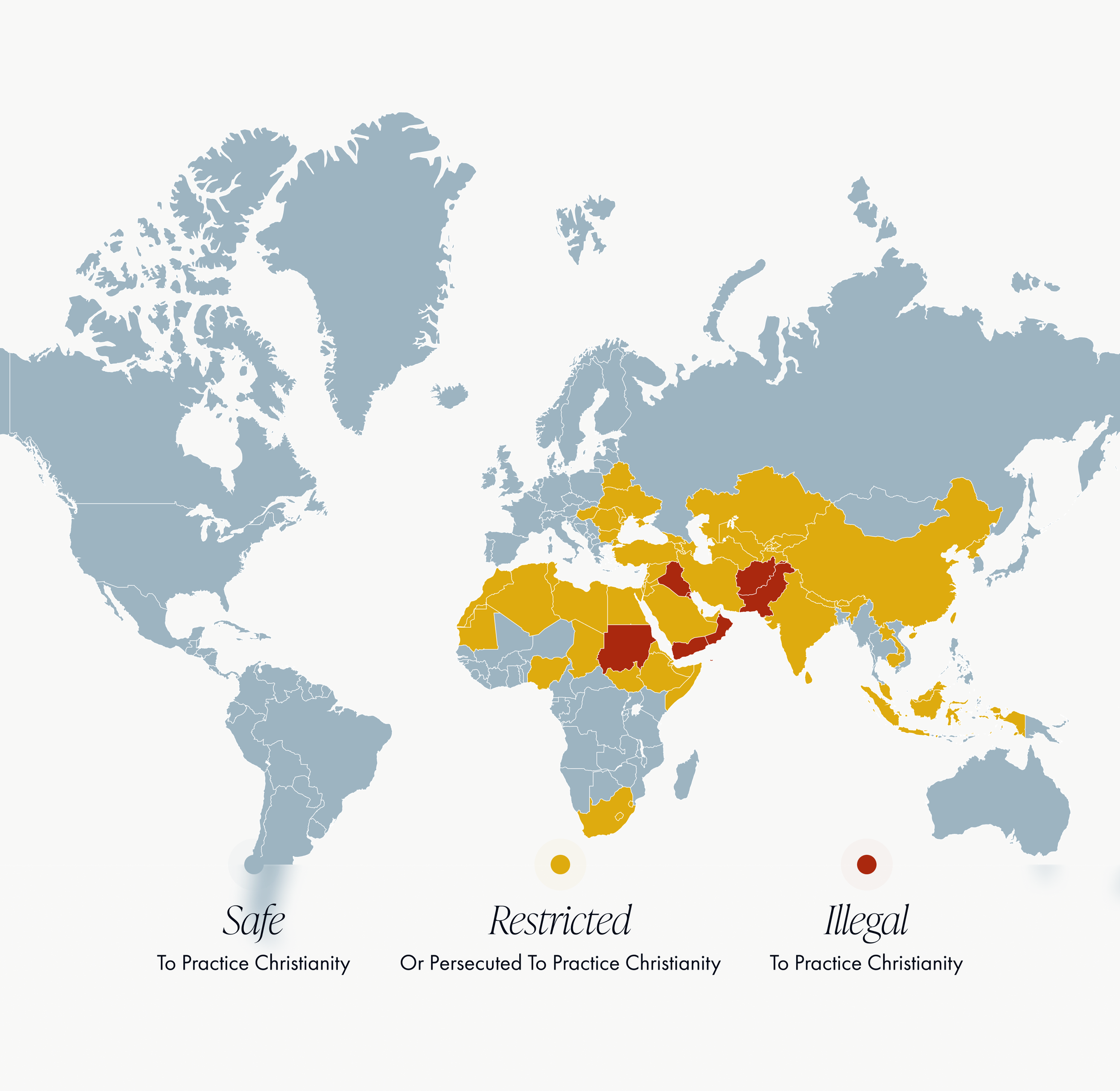 World map showing countries colored to represent levels of religious freedom: blue for countries where Christianity is practiced securely, yellow for countries where it is restricted, and red for countries where it is illegal.