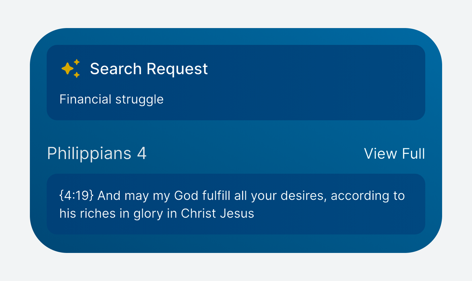A digital interface showing a search request for 'Financial struggle,' with four results. The first is titled 'Philippians 4' and includes a Bible verse, Philippians 4:19, about God's provision.