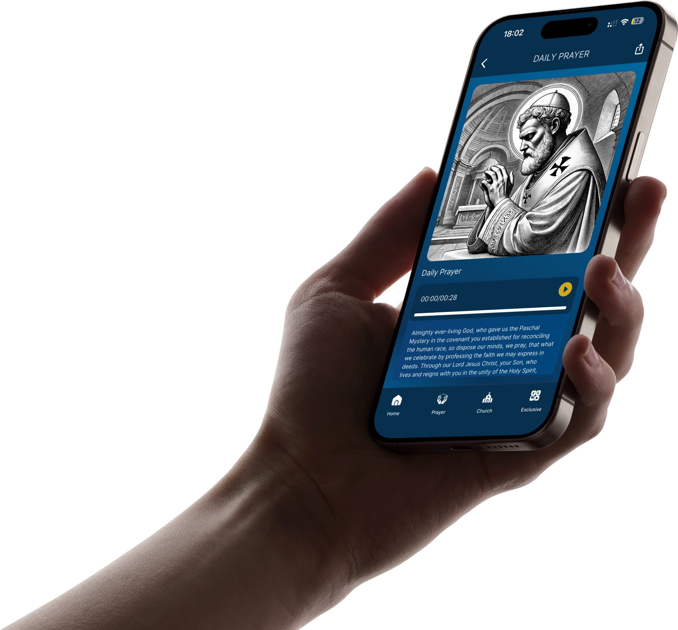 A person holding a smartphone displaying a religious app called Daily Prayer with an image of a saint or biblical figure in prayer inside a church setting.