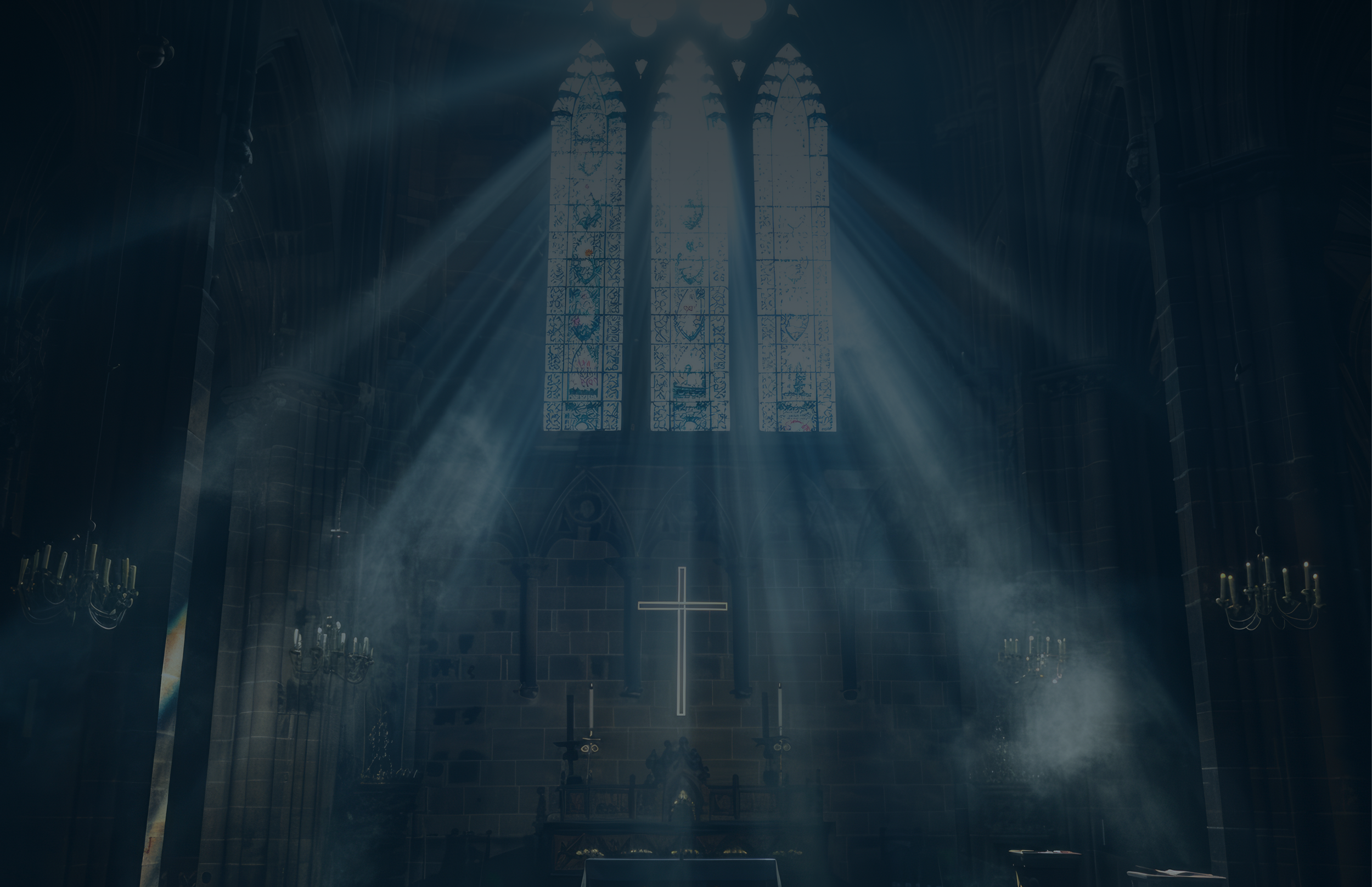 Sunlight streaming through stained glass windows inside a church, with a cross visible at the altar in the background.