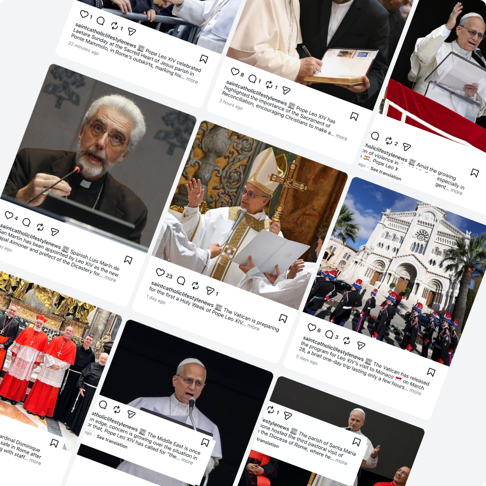 Collage of photos from Catholic religious events and figures including Pope Francis speaking at a podium, a bishop holding a cross and reading from a book, the Pope addressing an audience, the Vatican church, and a group of cardinals in red robes.