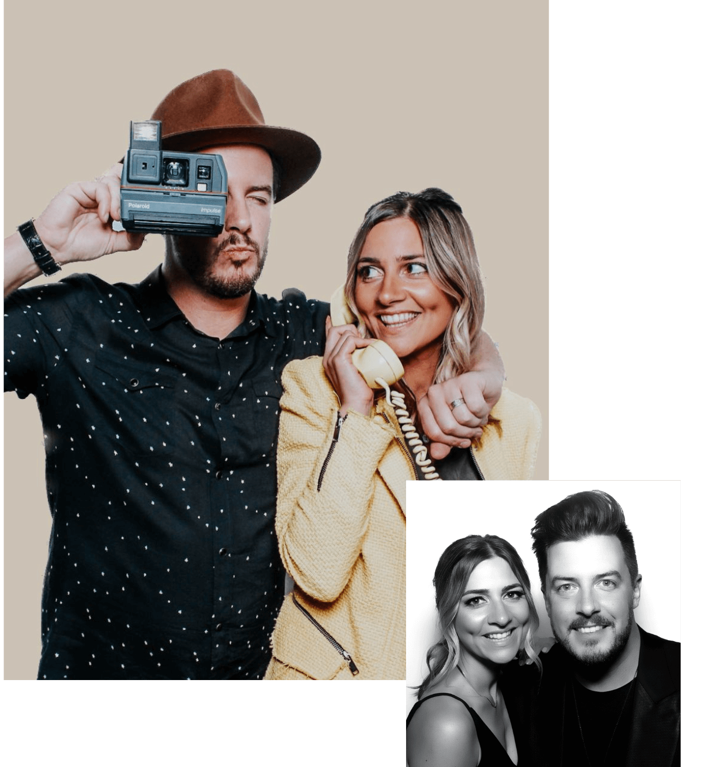 A man and woman playfully pose for a photo, with the man holding a vintage Polaroid camera and wearing a hat, the woman smiling and talking on a yellow telephone, and a black and white inset photo of another woman and man smiling.