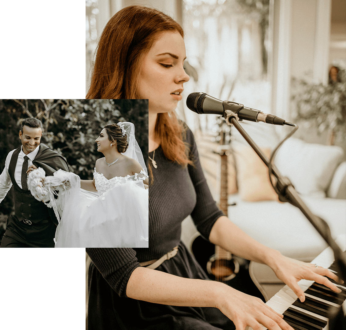 A woman singing or speaking into a microphone while playing a piano, with a photo of a wedding couple in the bottom left corner.