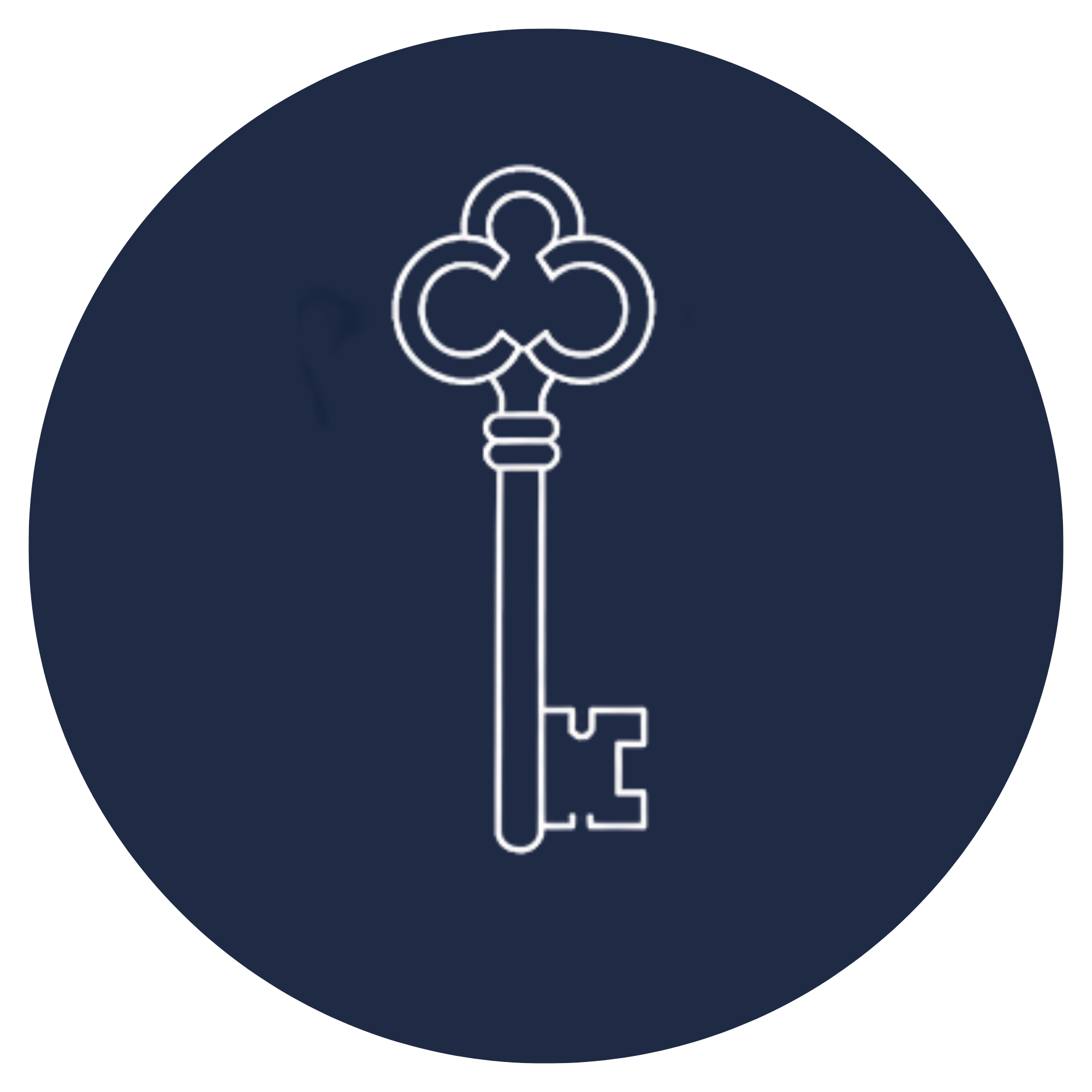 A dark blue circular background with a white outline of a key with a clover-shaped bow.