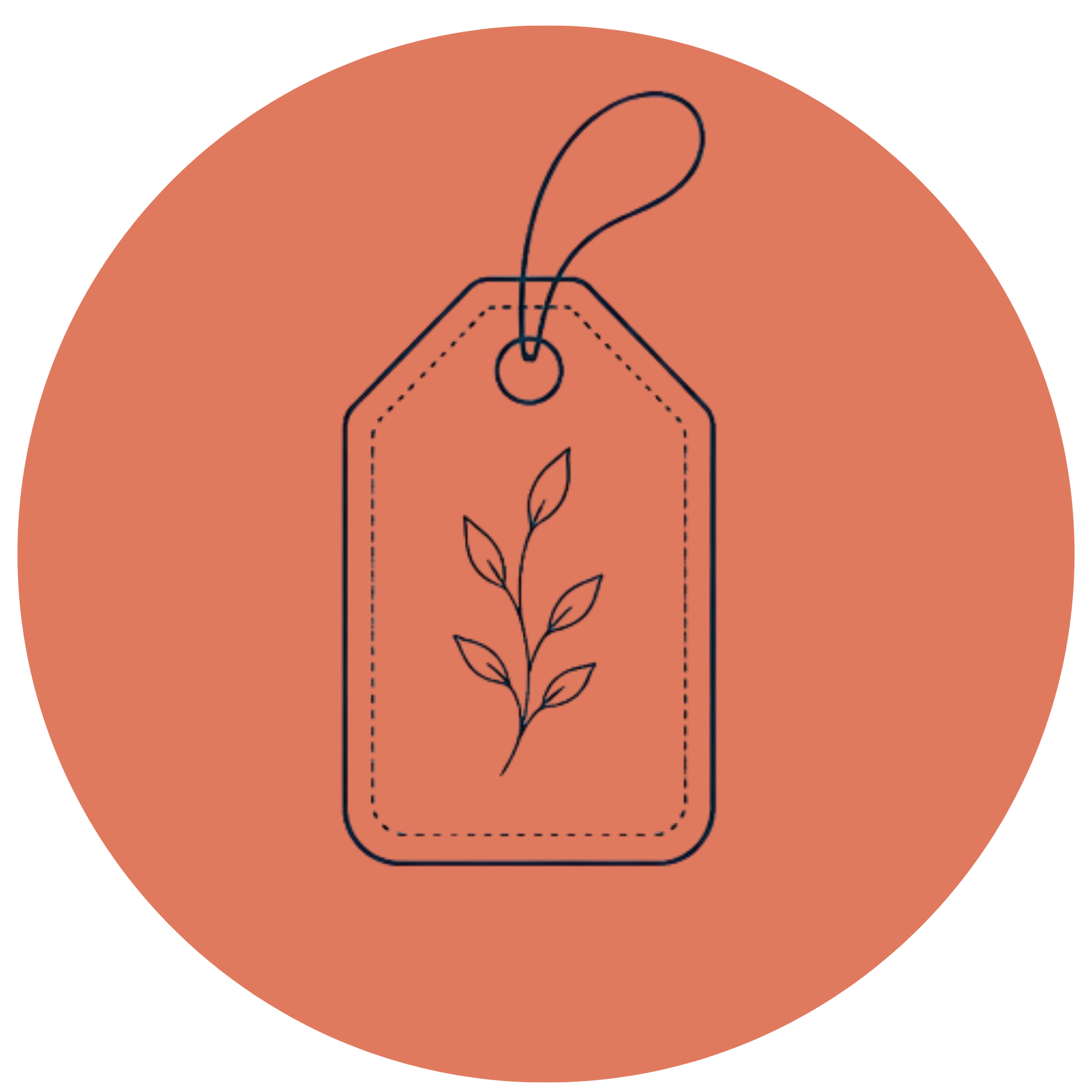 Illustration of a handmade gift tag with a leaf design, attached to a string, on a background of a rounded, terracotta-colored surface.