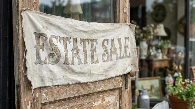 A fabric sign that reads 'Estate Sale' pinned to a wooden door.