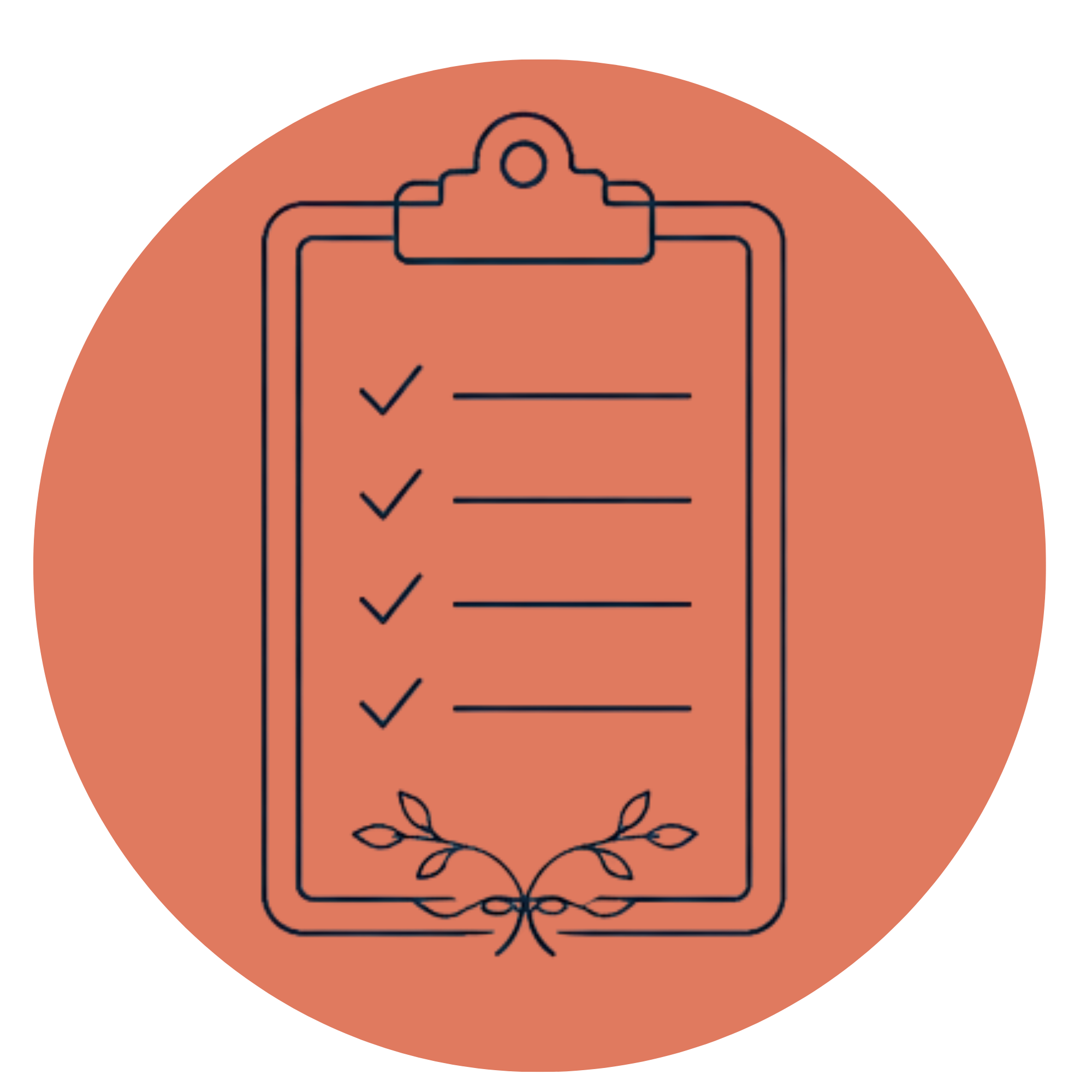 Illustration of a clipboard with a checklist, a leaf, and a decorative border at the bottom, on an orange background.