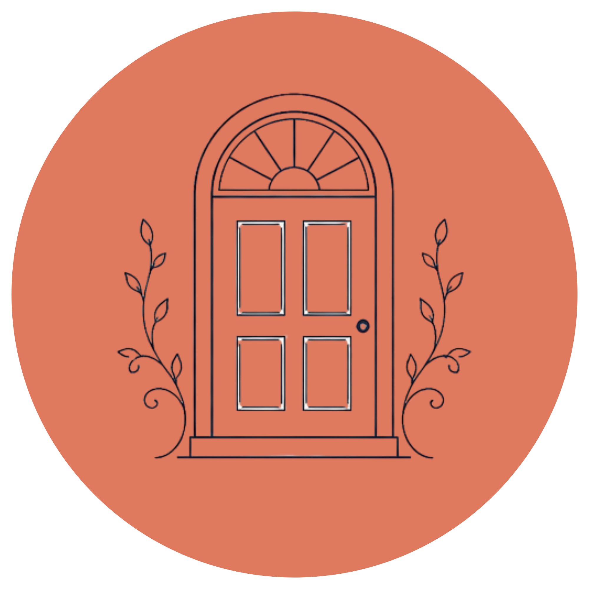 Illustration of a house with a arched window and door, surrounded by decorative leaves.