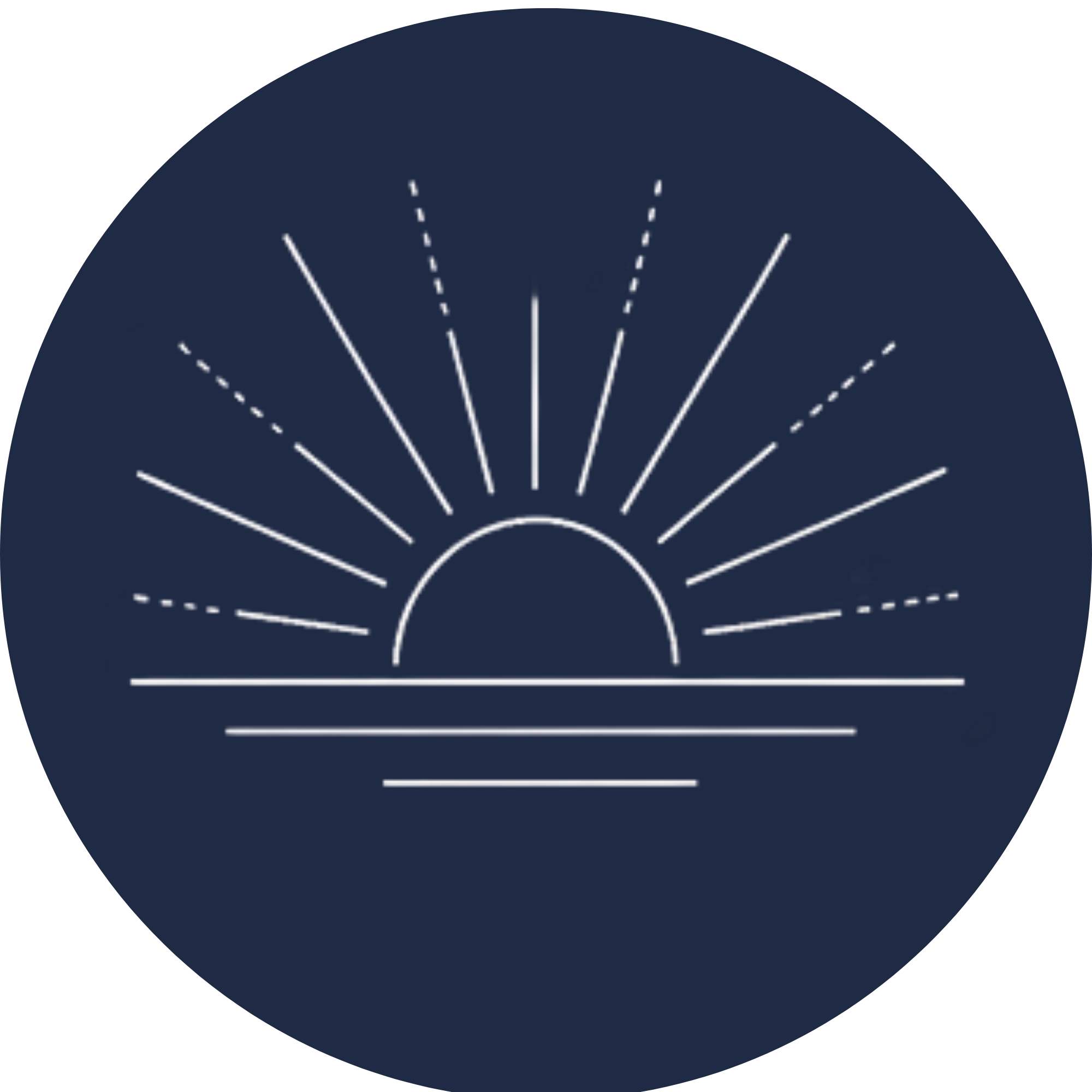 Stylized white outline of a fan or shell on a dark navy blue circular background.