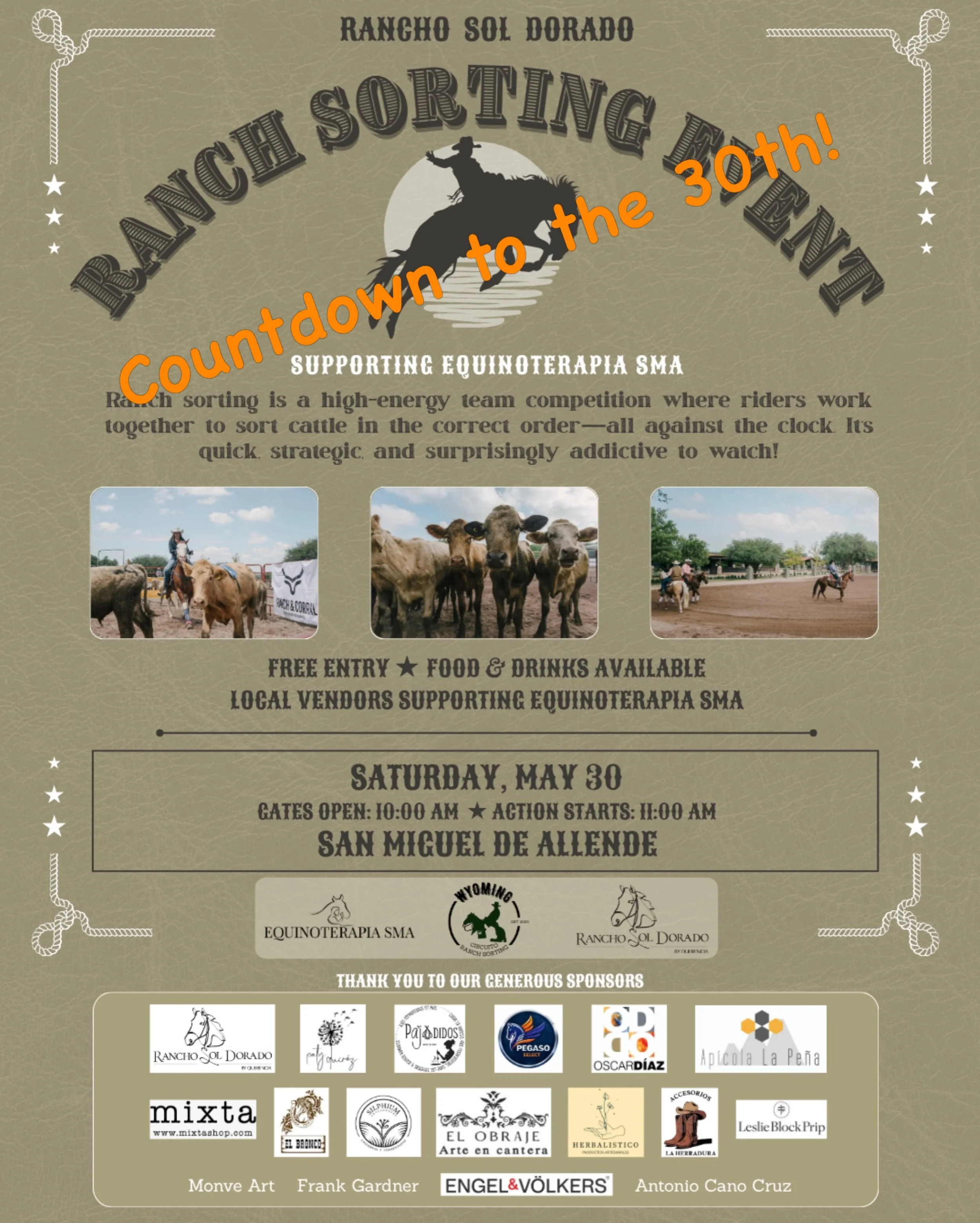 The countdown is on!!!!! Are you ready?  Where horsepower meets the heart.❤️

Join us for a Ranch Sorting Event at Rancho Sol Dorado, a high energy team competition where riders work together to sort cattle in sequence against the clock.

Open to al