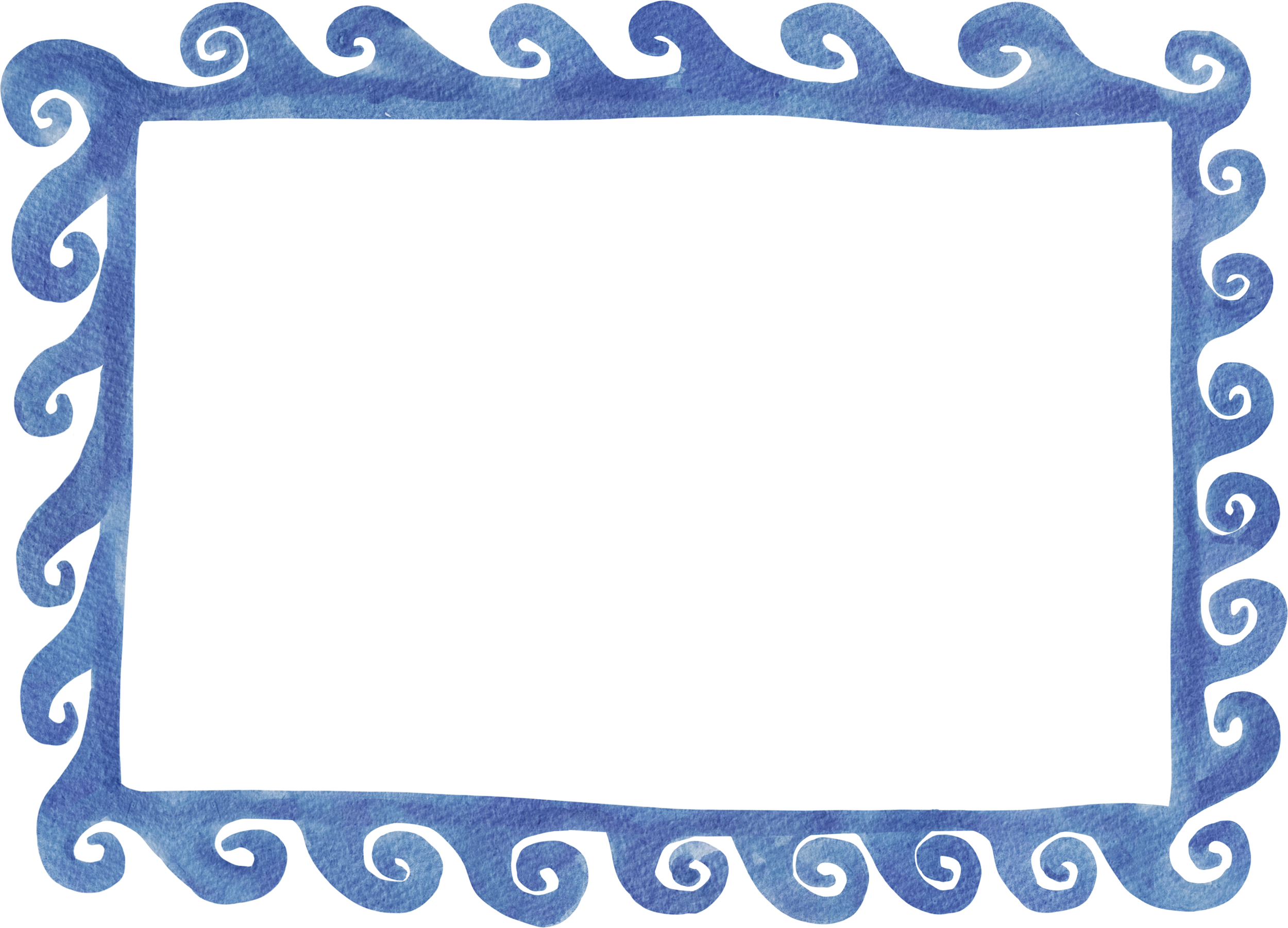 A decorative blue watercolor picture frame with curly, ornate edges.