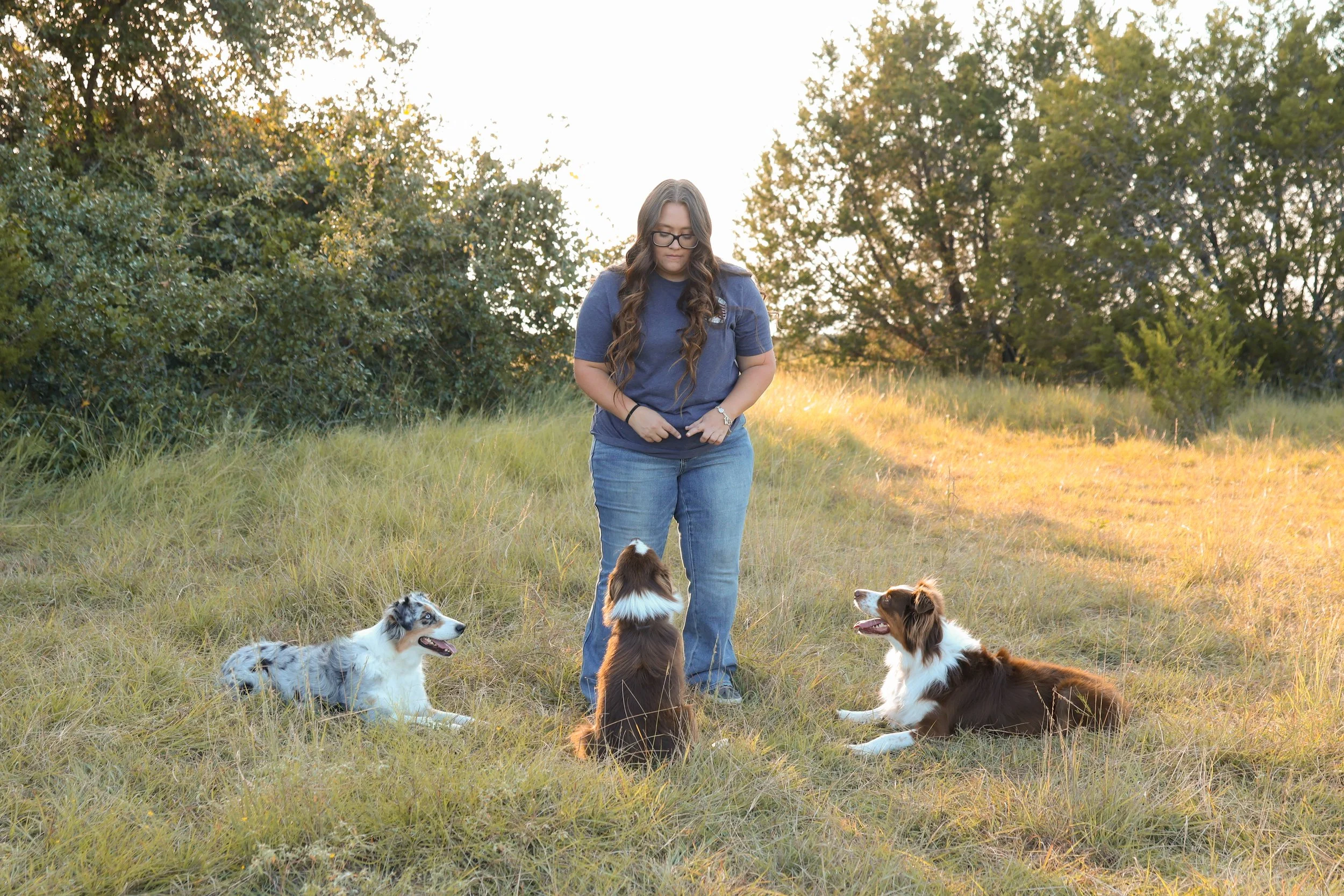 A woman wearing glasses and a blue shirt standing in a grassy field, surrounded by five dogs, with trees and sunlight in the background.