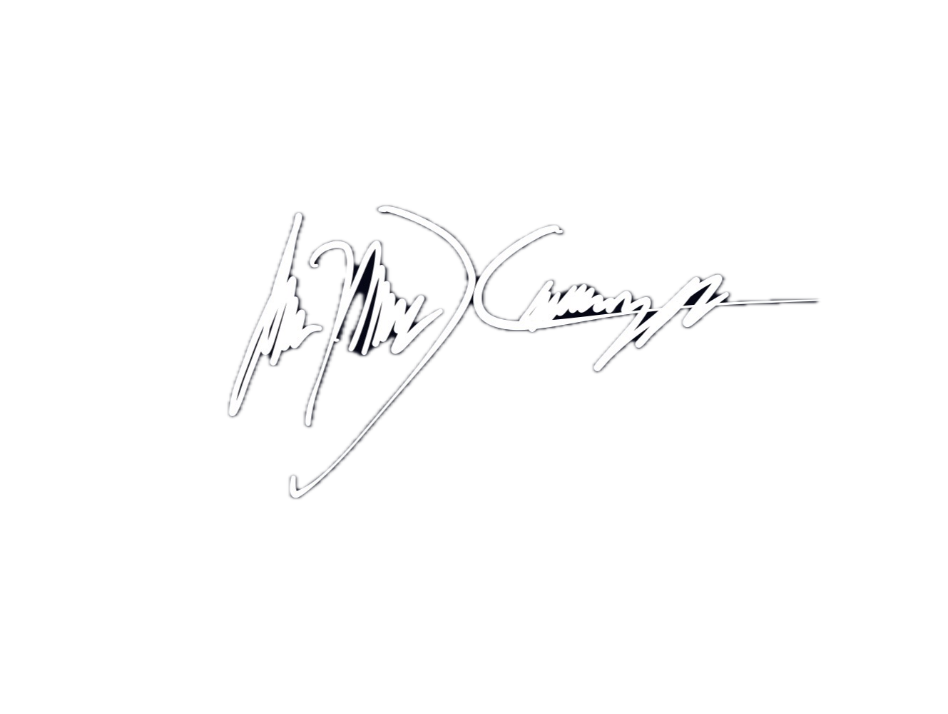 White handwritten signature on black background.