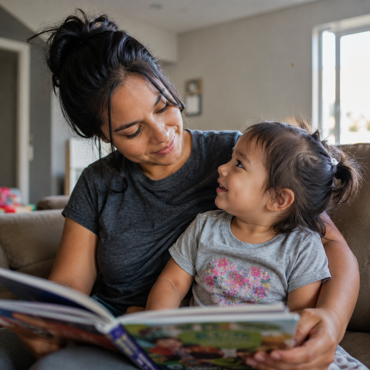 A mother reads with her young child at home, reflecting the ongoing guidance and family support provided through the Aftercare program.