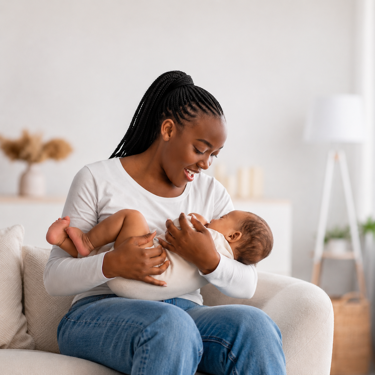 A mother smiles while holding her baby, representing the hope and support made possible through charitable giving.