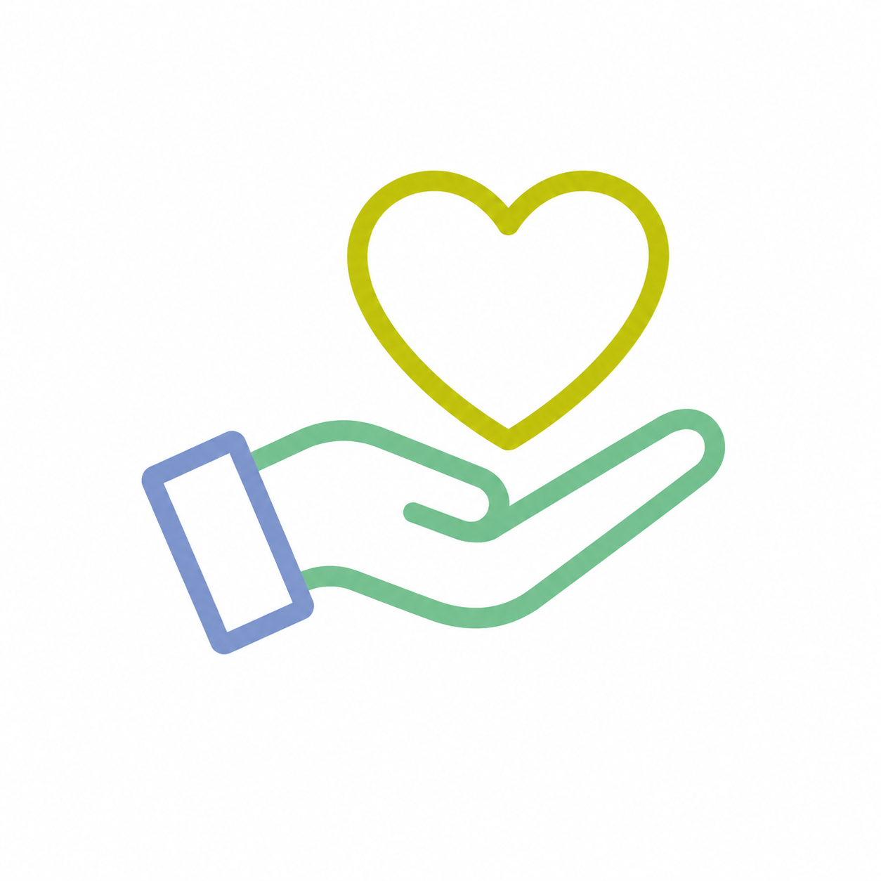 Outline of a hand holding a heart, symbolizing care or compassion.