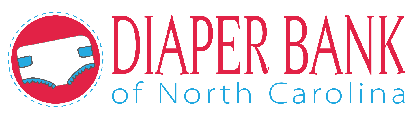 Logo for Diaper Bank of North Carolina featuring a stylized cloth diaper with blue accents inside a dashed circle, with the text "Diaper Bank" in pink and "of North Carolina" in blue.