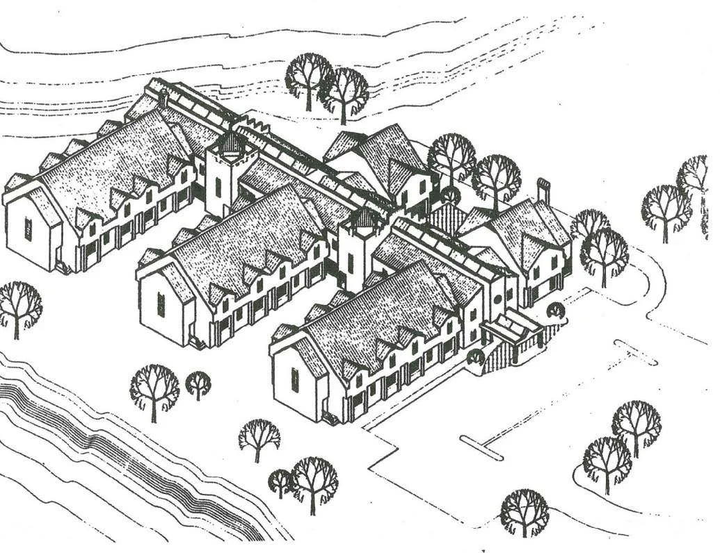 A black and white drawing of a residential complex with multiple buildings, trees, and pathways, viewed from above.