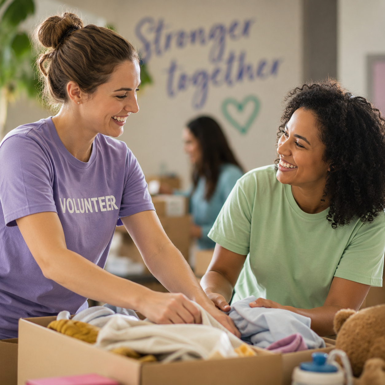 Two volunteers sort donated clothing together while smiling in a welcoming community space.
