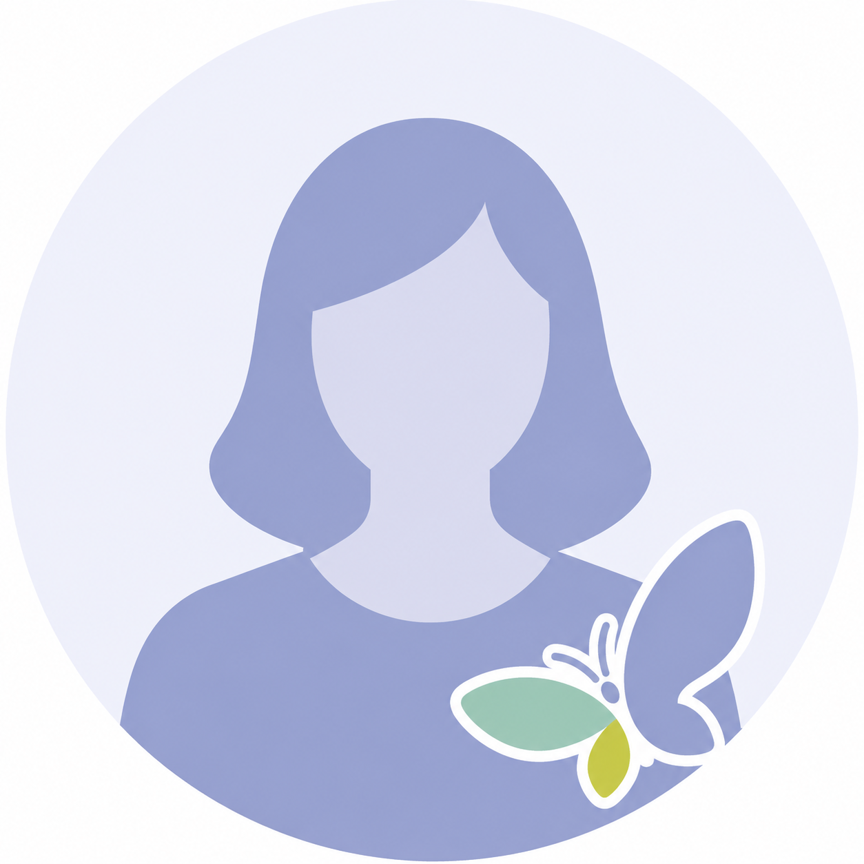 Profile icon of a woman with shoulder-length hair, with a butterfly in the lower right corner.
