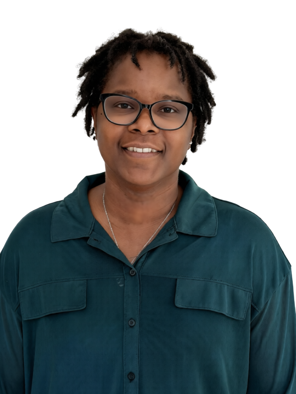 Close-up of a woman's face showing her with glasses her hair styled in short locs, wearing a green shirt