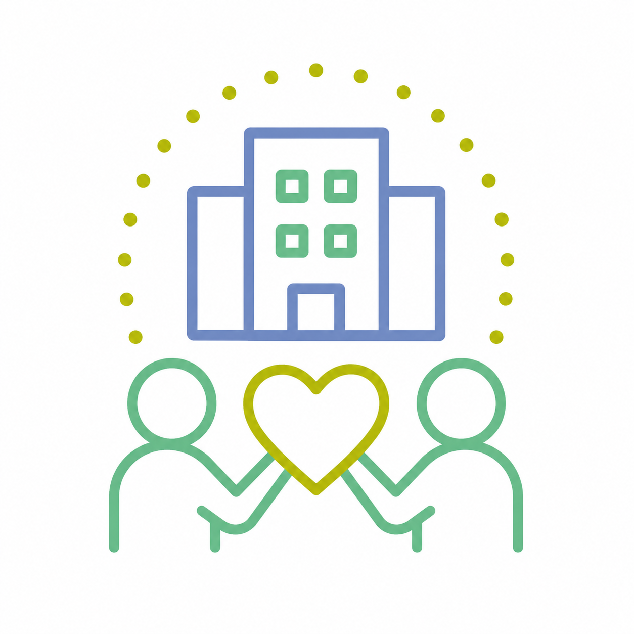 Line drawing of two people holding a heart together, with a building in the background and a dotted circle surrounding the building.