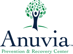 Logo of Anuvia Prevention & Recovery Center featuring a tree with green leaves and a blue trunk, with the name 'Anuvia' and the phrase 'Prevention & Recovery Center' below.