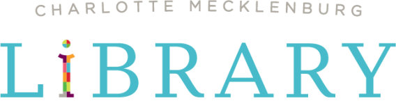 Text reading 'Charlotte Mecklenburg Library' with the word 'Library' in large blue letters, and a small multicolored lowercase 'i' as part of the design.