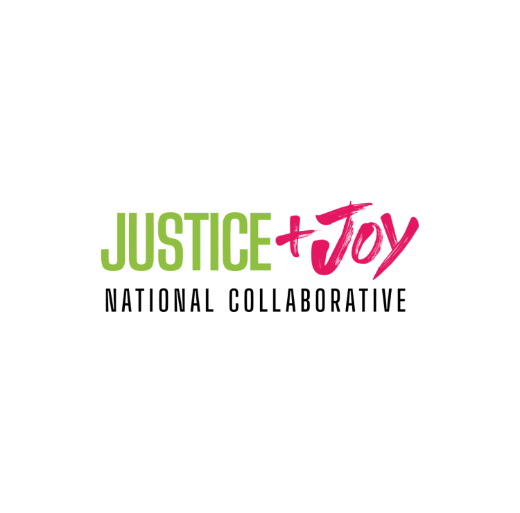 Logo with the words "Justice + Joy" in green and pink, and "National Collaborative" in black.