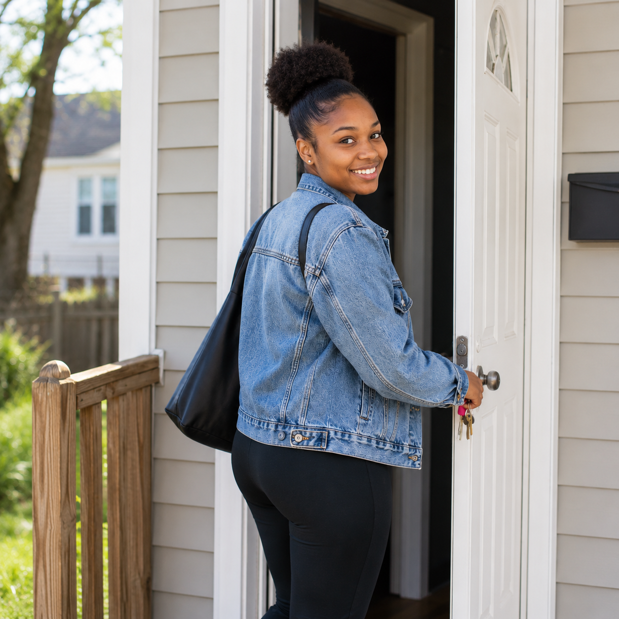 A young woman unlocks the door to her home, representing independence and continued support through the Aftercare program.
