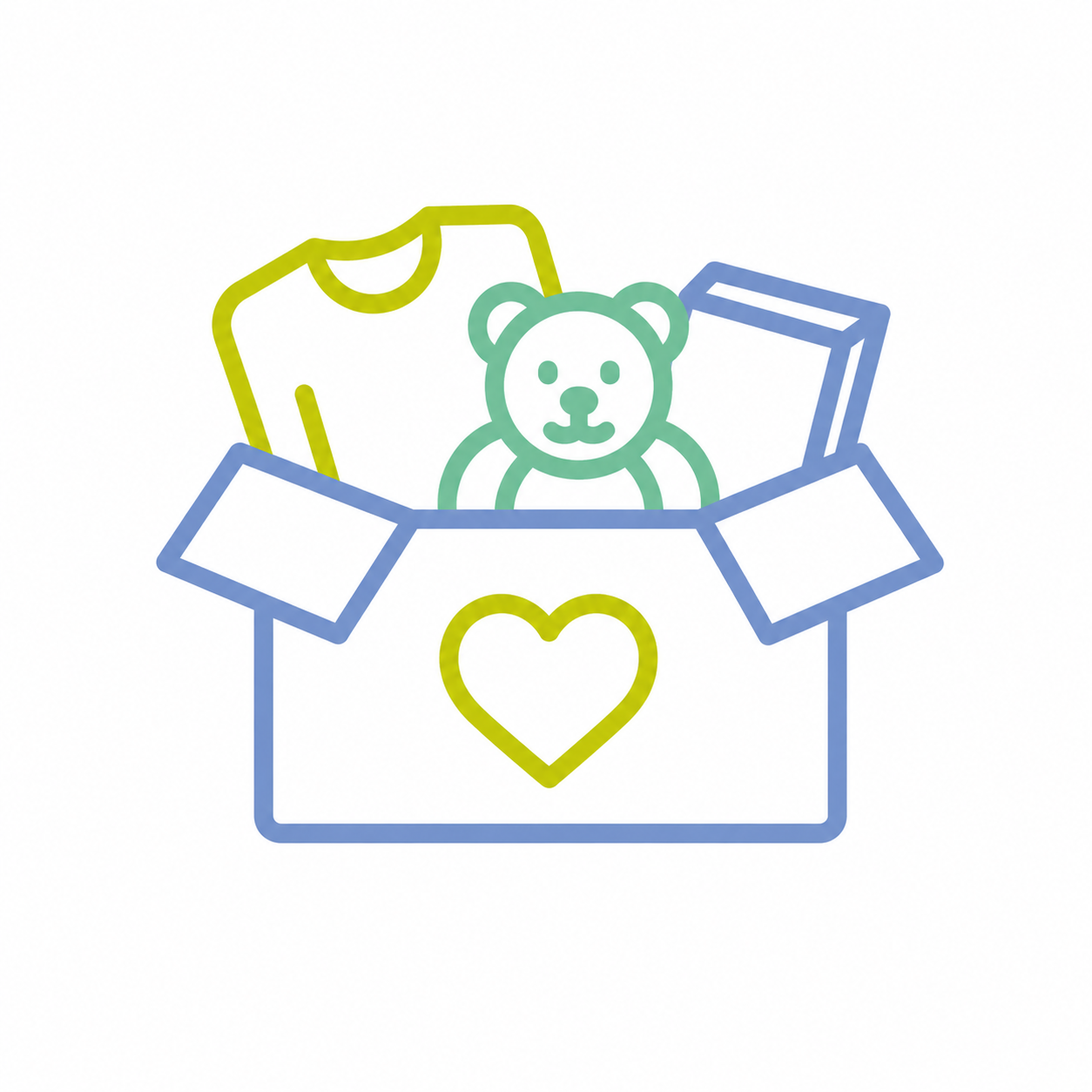 Line drawing of a gift box with a heart on the front, containing a teddy bear, a T-shirt, and a box, in pastel colors.