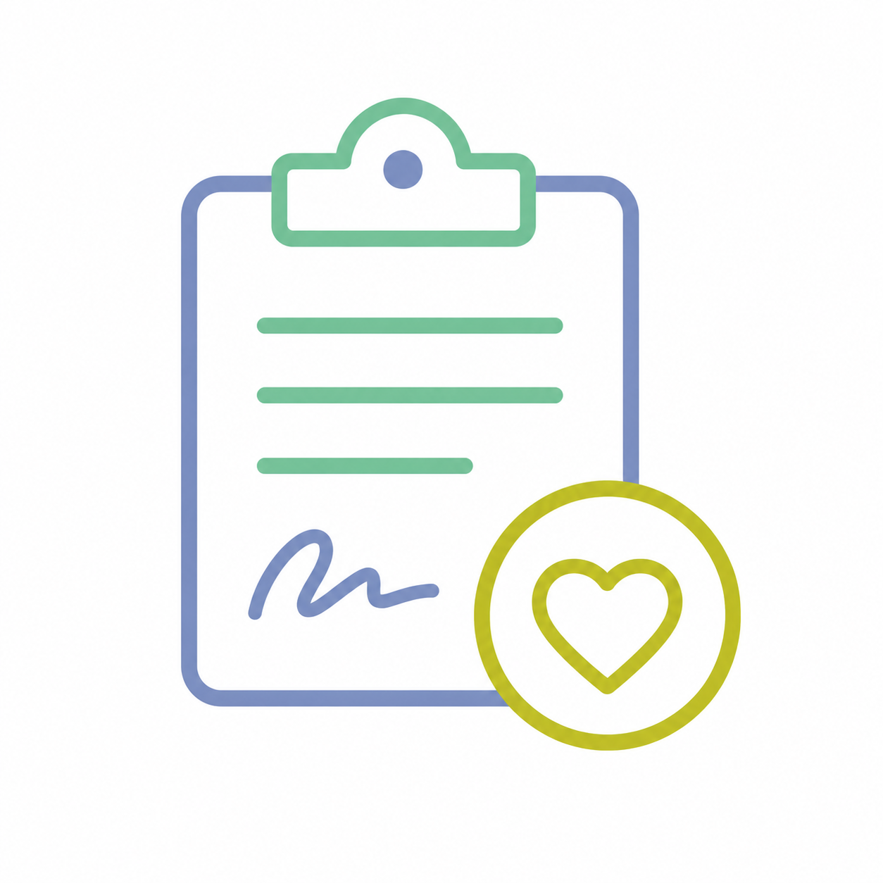 A line drawing of a clipboard with a piece of paper that has lines and a signature, accompanied by a yellow circle containing a heart symbol.