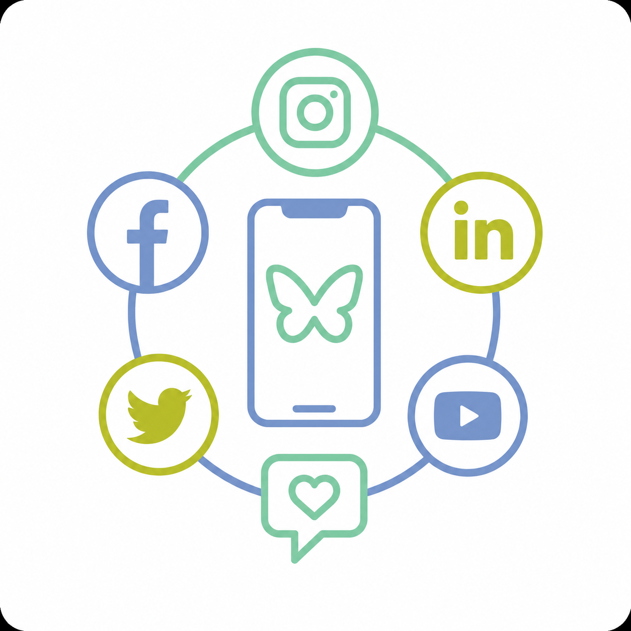 Illustration of a smartphone surrounded by social media icons including Facebook, Twitter, LinkedIn, YouTube, Instagram, and a message bubble with a heart, all connected in a circular pattern.