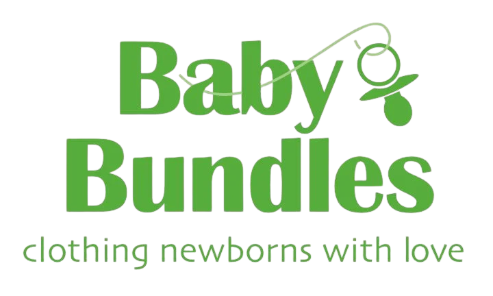 Green text reading "Baby Bundles" with a pacifier graphic, and smaller green text saying "clothing newborns with love."
